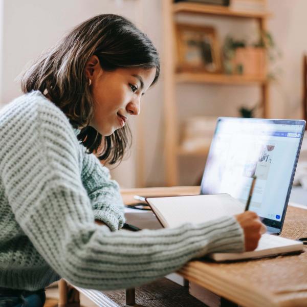 stock image young woman at laptop with notebook